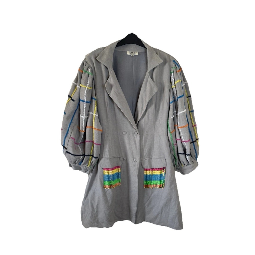 Mochi Beaded Upcycled Blazer Grey Puff Sleeve Rainbow Fringe One-of-a-Kind Med